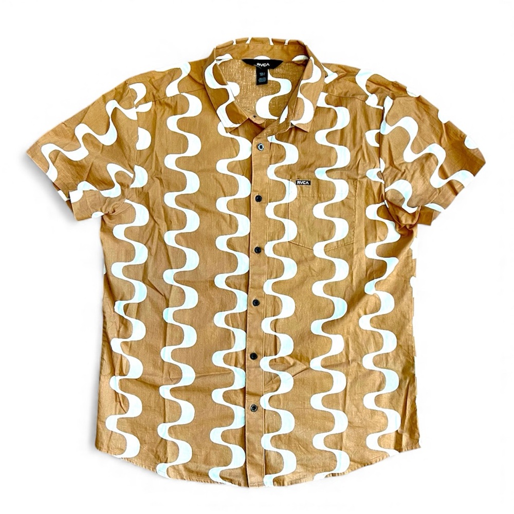 RVCA Men's Casual Shirt with Tan and White Waves